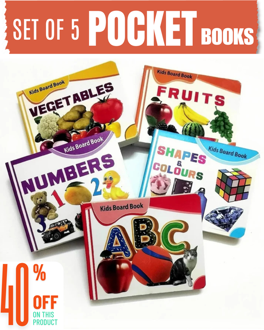 EARLY EDUCATIONAL LEARNING KIDS BOARD BOOKS PRESCHOOL PRIMARY BABY BOOKS (1+), SET OF 5 POCKET BOOKS (ALPHABETS, NUMBERS, SHAPES AND COLOURS, FRUITS AND VEGETABLES