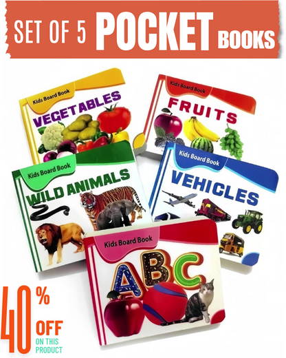 EARLY EDUCATIONAL LEARNING KIDS BOARD BOOKS FOR PRESCHOOLERS | SET OF 5 POCKET BOOKS (ALPHABETS, FRUITS, VEGETABLES, ANIMALS & VEHICLES)